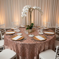 Glitz Sequin Mesh Net Table Overlay Topper 72"x72" Square - Blush/Rose Gold with gold charger plate | glass goblets | square centerpiece | white chiavari