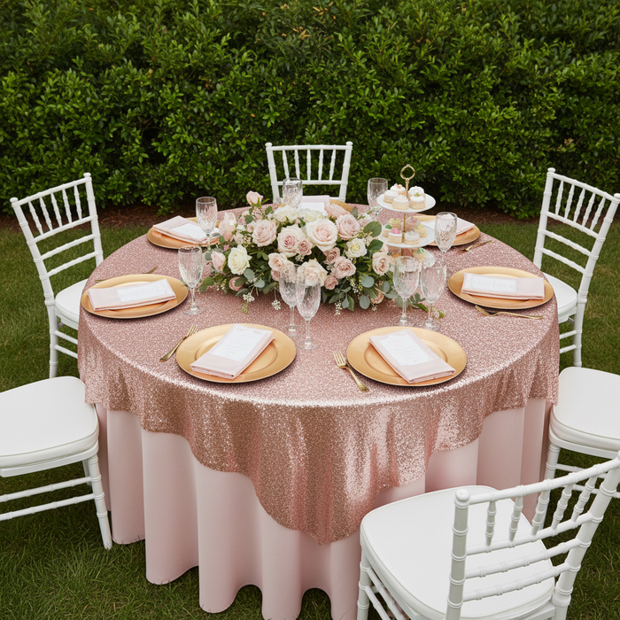 Glitz Sequin Mesh Net Table Overlay Topper 72"x72" Square - Blush/Rose Gold with gold charger plate | glass goblets | flower centerpiece | white chiavari | white napkin