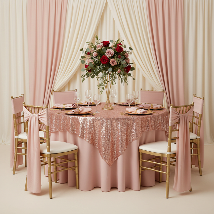 Glitz Sequin Mesh Net Table Overlay Topper 72"x72" Square - Blush/Rose Gold with gold charger plate | glass goblets | flower centerpiece | gold chiavari | white napkin | blush chair sash tie