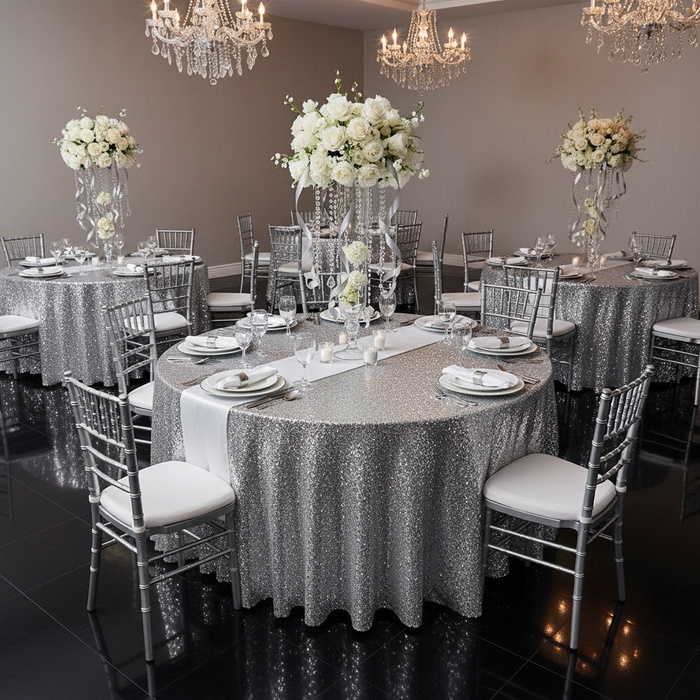 Glitz Sequin Mesh Net Tablecloth 116" Round - Silver.