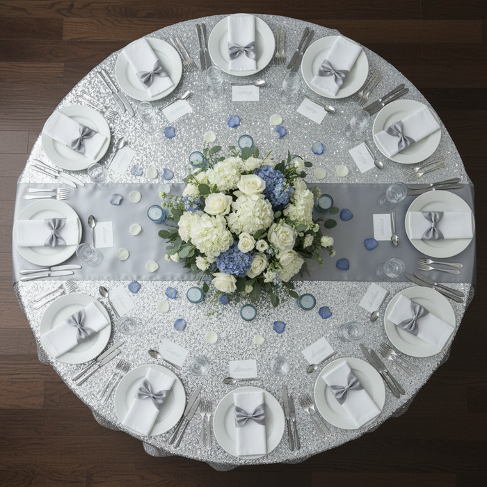 Glitz Sequin Mesh Net Tablecloth 116" Round - Silver.