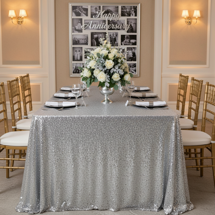 Glitz Sequin Mesh Net Tablecloth  90"x132" Rectangular -  Silver | charger plate | napkin | flower centerpiece