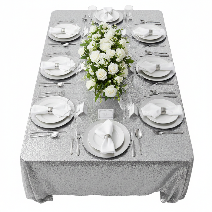 Glitz Sequin Mesh Net Tablecloth  90"x132" Rectangular -  Silver | charger plate | napkin | flower centerpiece