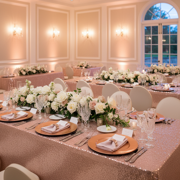 Glitz Sequin Mesh Net Tablecloth  90"x156" Rectangular -  Blush/Rose Gold with charger plate | napkin | flower premade runner