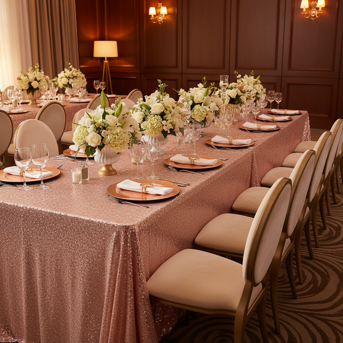 Glitz Sequin Mesh Net Tablecloth  90"x156" Rectangular -  Blush/Rose Gold with charger plate | napkin | flower premade runner