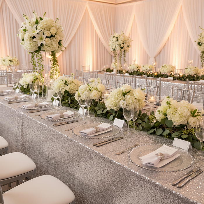 Glitz Sequin Mesh Net Tablecloth  90"x156" Rectangular -  Silver with flower premade runner | clear beaded charger plate | white napkin | wine goblet