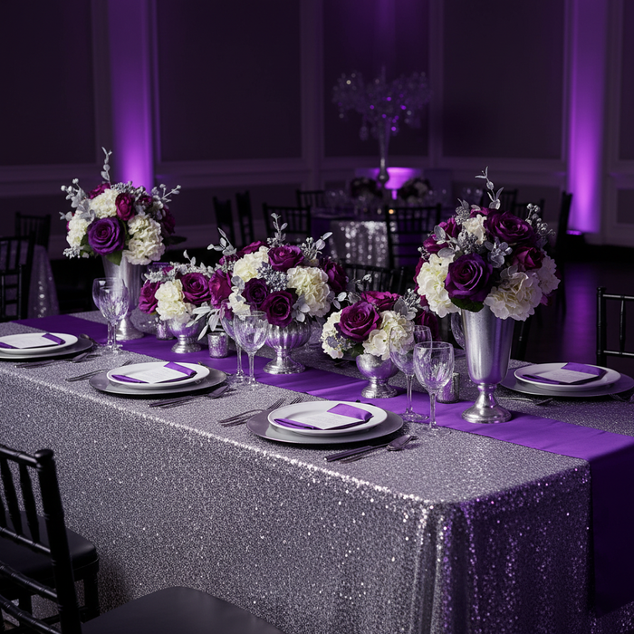 Glitz Sequin Mesh Net Tablecloth  90"x156" Rectangular -  Silver | silver charger plate | purple napkin | wine goblet