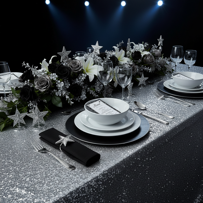 Glitz Sequin Mesh Net Tablecloth  90"x156" Rectangular -  Silver | black charger plate | black napkin | wine goblet | flower premade runner