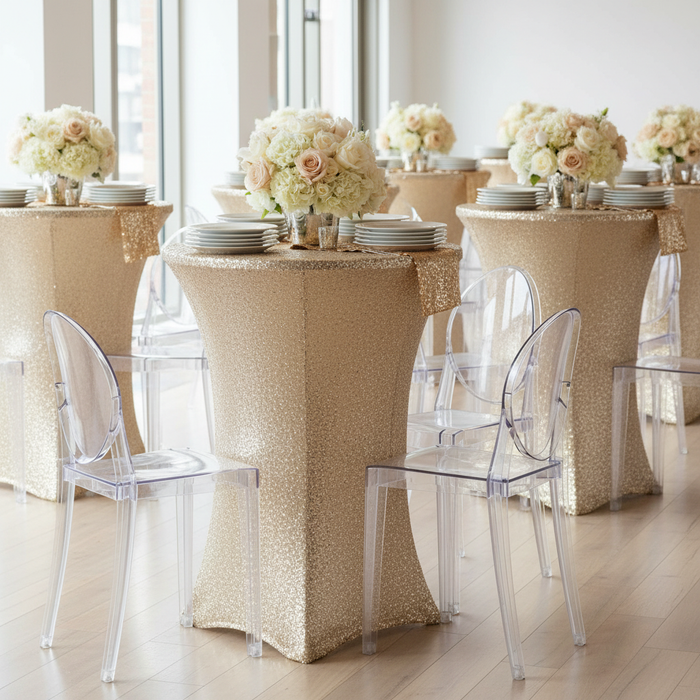 Glitz Sequin Spandex Cocktail Table Cover 30"-32" Round - Champagne.