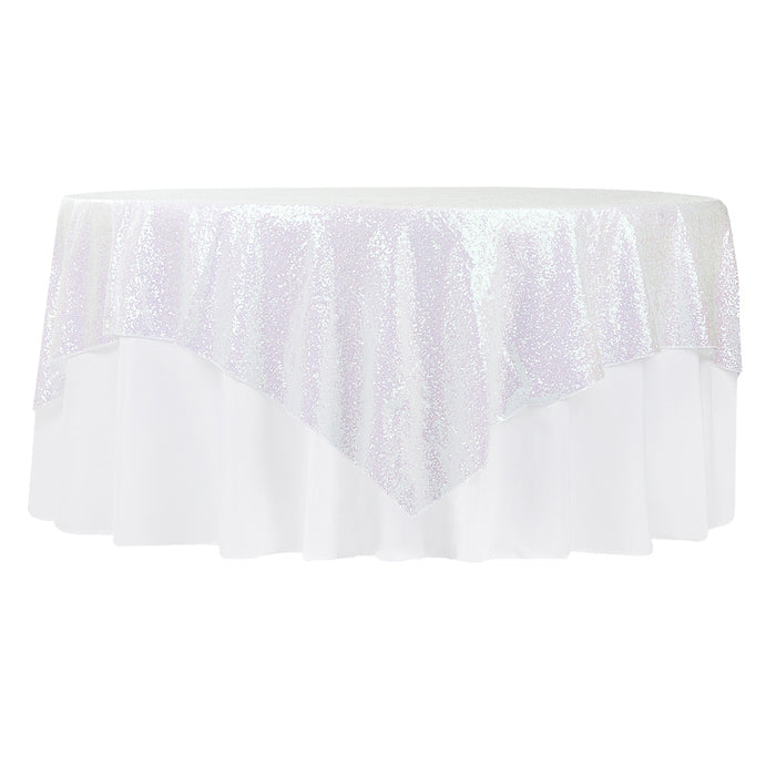Glitz Sequin Table Overlay Topper 72"x72" Square  - Iridescent White - CV Linens