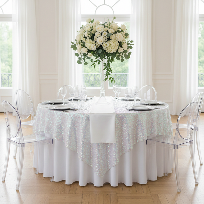 Glitz Sequin Table Overlay Topper 72"x72" Square  - Iridescent White.