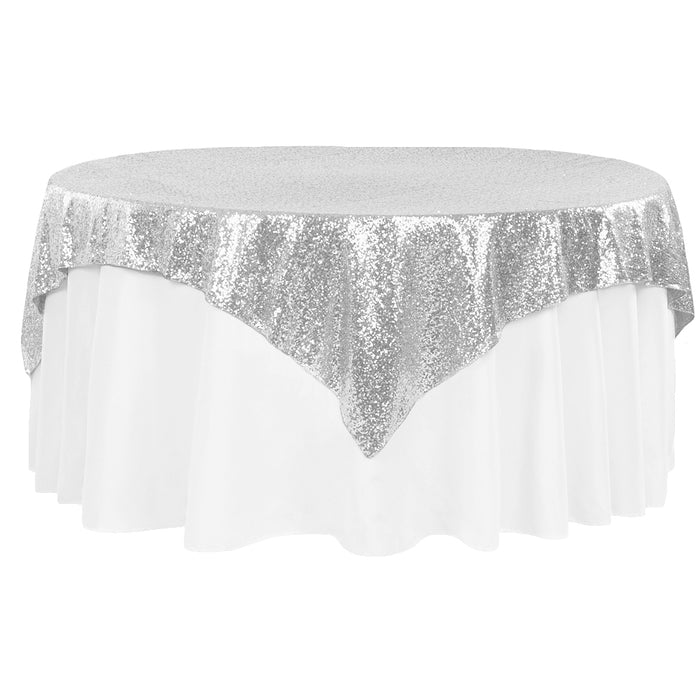 Glitz Sequin Table Overlay Topper 72"x72" Square  - Silver - CV Linens