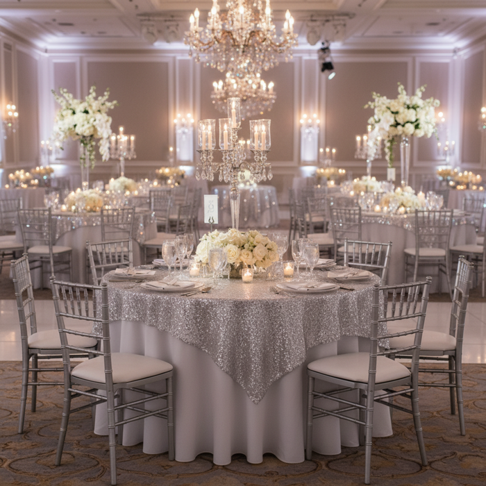 Indoor Ballroom Wedding Silver Glitz Sequin 72x72 Table Overlay Topper Square