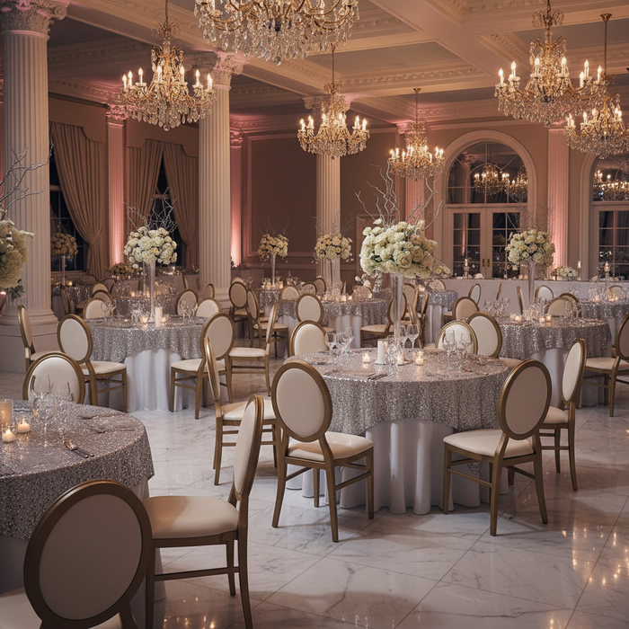 Indoor Gala Banquet Hall-Silver Glitz Sequin 72x72 Table Overlay Topper Square