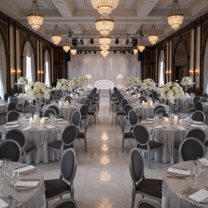 Indoor Gala Banquet Hall Silver Glitz Sequin 72x72 Table Overlay Topper Square