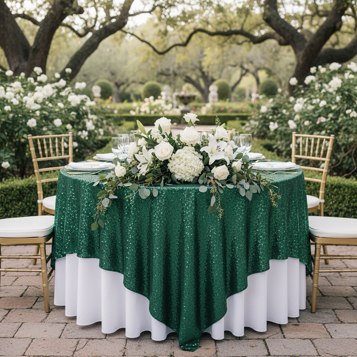 Glitz Sequin Table Overlay Topper 90"x90" Square - Emerald Green