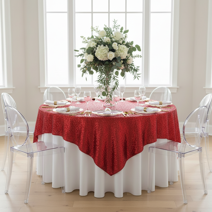 Glitz Sequin Table Overlay Topper 90"x90" Square - Red.