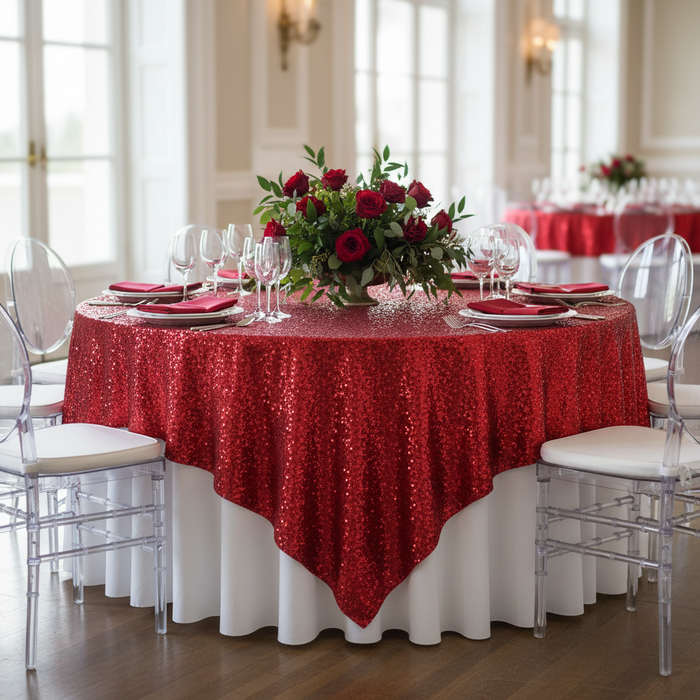 Glitz Sequin Table Overlay Topper 90"x90" Square - Red