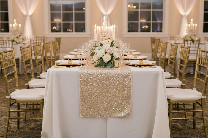 Lifestyle_Front_Champagne Glitz Sequin Table Runner Size: 12-13 X 108 in