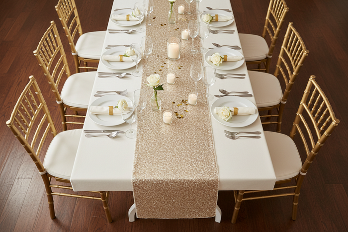 Lifestyle_Top_Champagne Glitz Sequin Table Runner Size: 12-13 X 108 in