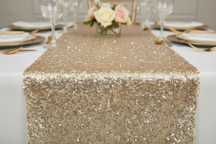 Lifestyle_Detail_Champagne Glitz Sequin Table Runner Size: 12-13 X 108 in