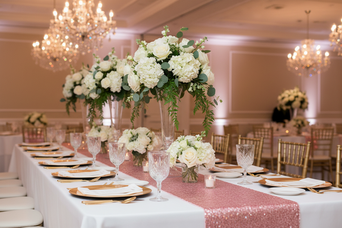wedding reception with Glitz Sequin Table Runner - Pink