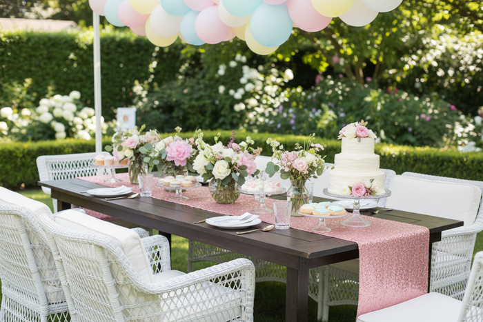 garden baby shower with Glitz Sequin Table Runner - Pink