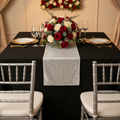 Glitz Sequin Table Runner - White on black tablecloth | gold charger plate | white dinner plate | silver chiavari chair