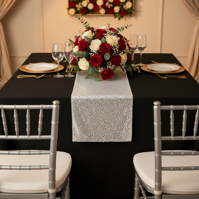 Glitz Sequin Table Runner - White on black tablecloth | gold charger plate | white dinner plate | silver chiavari chair