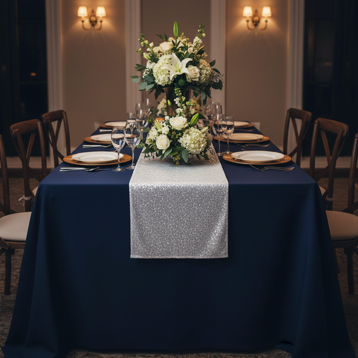 Glitz Sequin Table Runner - White on navy blue tablecloth | gold charger plate | white dinner plate | wine goblet
