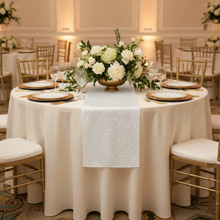 Glitz Sequin Table Runner - White on ivory tablecloth | gold charger plate | white dinner plate | wine goblet | gold chiavari chair