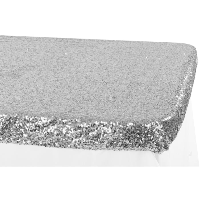 Glitz Sequin Table Topper/Cap 6 FT Rectangular - Silver - CV Linens