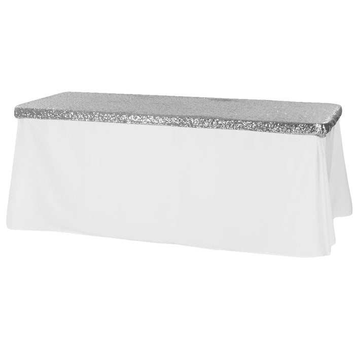 Glitz Sequin Table Topper/Cap 6 FT Rectangular - Silver - CV Linens