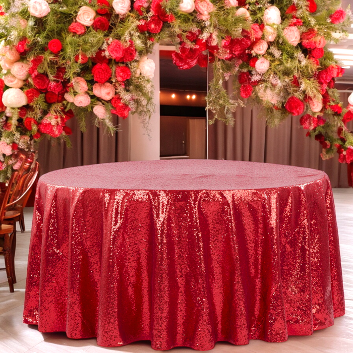 Glitz Sequins 120" Round Tablecloth - Apple Red front detail