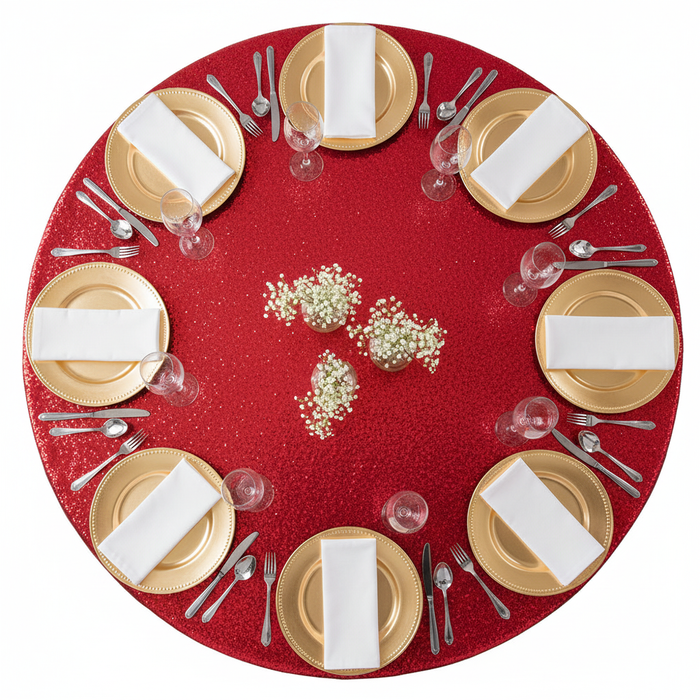 Glitz Sequins 120" Round Tablecloth - Apple Red top view