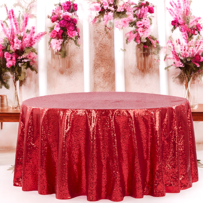 Glitz Sequins 120" Round Tablecloth - Apple Red mock up