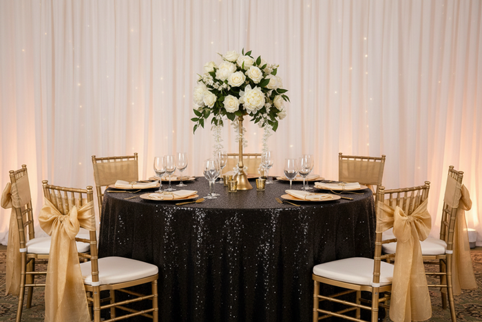wedding setup using Glitz Sequins 120" Round Tablecloth - Black