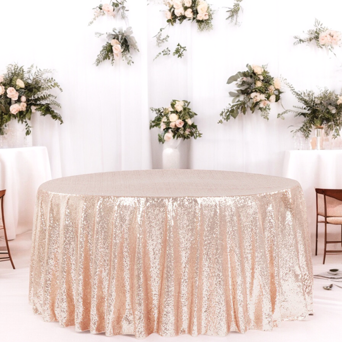 front view indoor setup showingGlitz Sequins 120" Round Tablecloth - Blush/Rose Gold