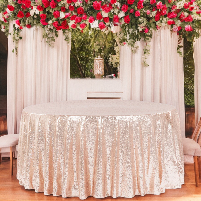indoor setup using Glitz Sequins 120" Round Tablecloth - Blush/Rose Gold