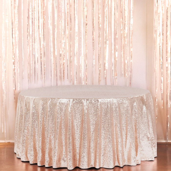 front view of Glitz Sequins 120" Round Tablecloth - Blush/Rose Gold