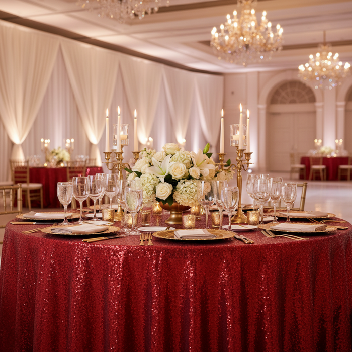 Indoor Wedding Reception - 120 Round Red Glitz Sequin Tablecloth