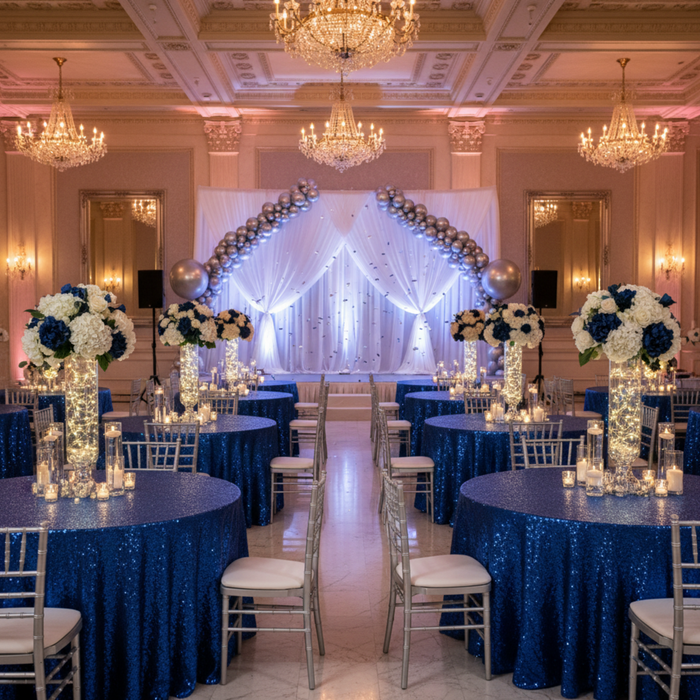Indoor Prom Reception with 120 Round Royal Blue Sequin Tablecloth
