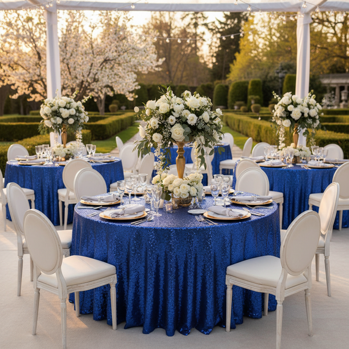 Outdoor Wedding Reception with 120 Round Royal Blue Sequin Tablecloth
