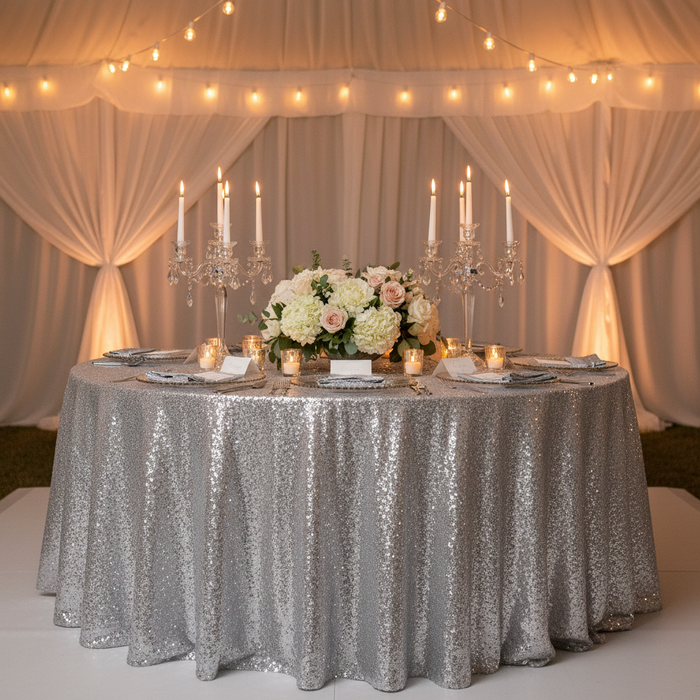Glitz Sequins Silver Tablecloth - Tent Reception