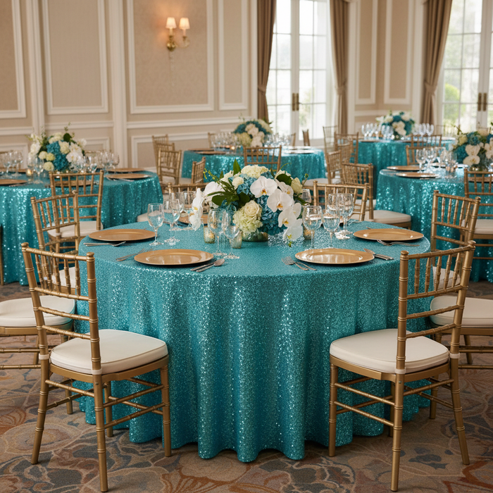 Glitz Sequins 120" Round Tablecloth - Turquoise bridal reception with gold charger plate, chiavari chair and flower centerpiece