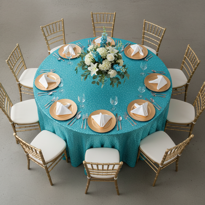 Glitz Sequins 120" Round Tablecloth - Turquoise top view detail