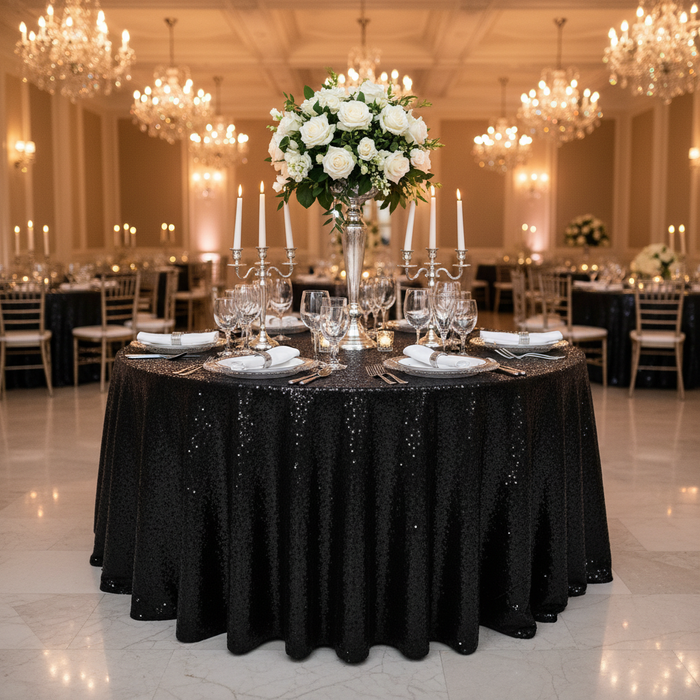 Glitz Sequins 132" Round Tablecloth - Black with Chiavari Chairs.