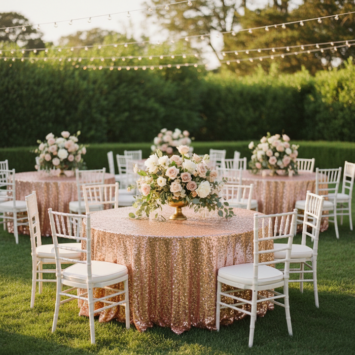 Outdoor Garden Wedding Blush/Rose Gold Glitz Sequins 132" Round Tablecloth
