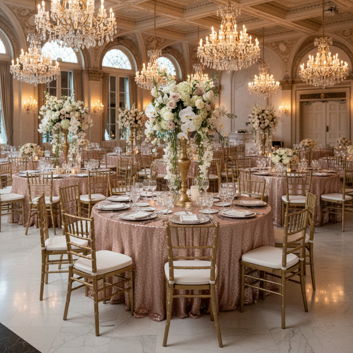 Indoor Formal Gala Blush/Rose Gold Glitz Sequins 132" Round Tablecloth