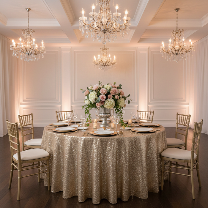 Glitz Sequins 132" Round Tablecloth - Champagne with Chiavari Gold Chairs.
